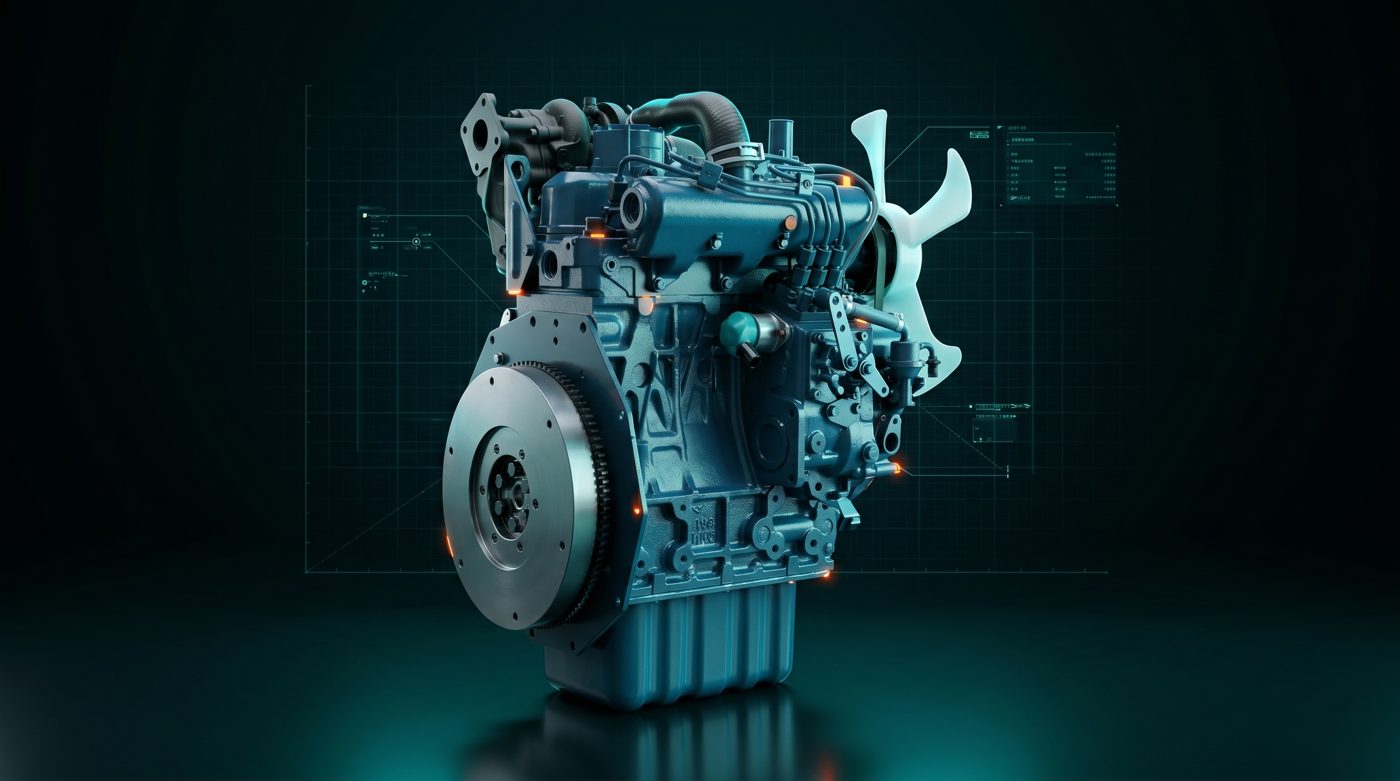 Render técnico futurista del motor Kubota D1105-E4B