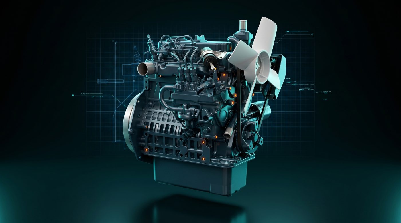 Render técnico futurista del motor Kubota D902-E4B