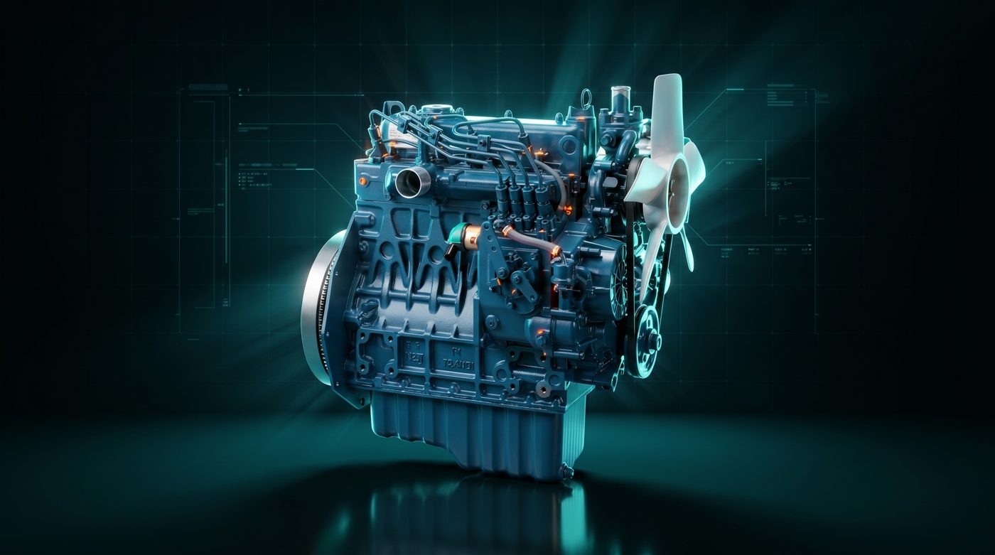 Render técnico futurista del motor Kubota V1505-E3B