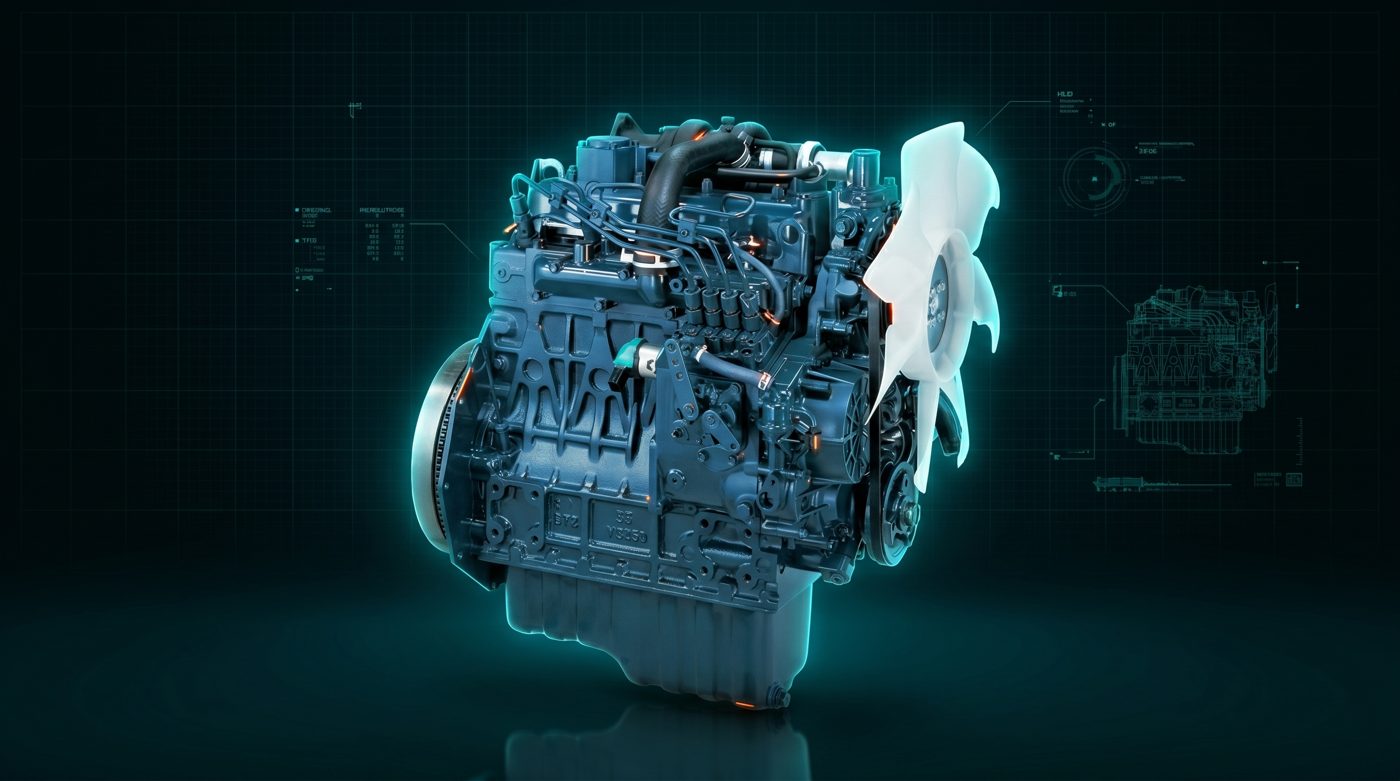 Render técnico futurista del motor turbo Kubota V1505-T