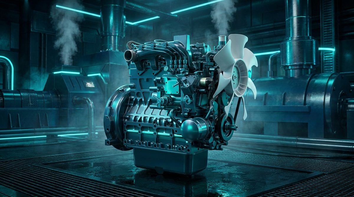 Render técnico futurista del motor Kubota V2203-M-E3B