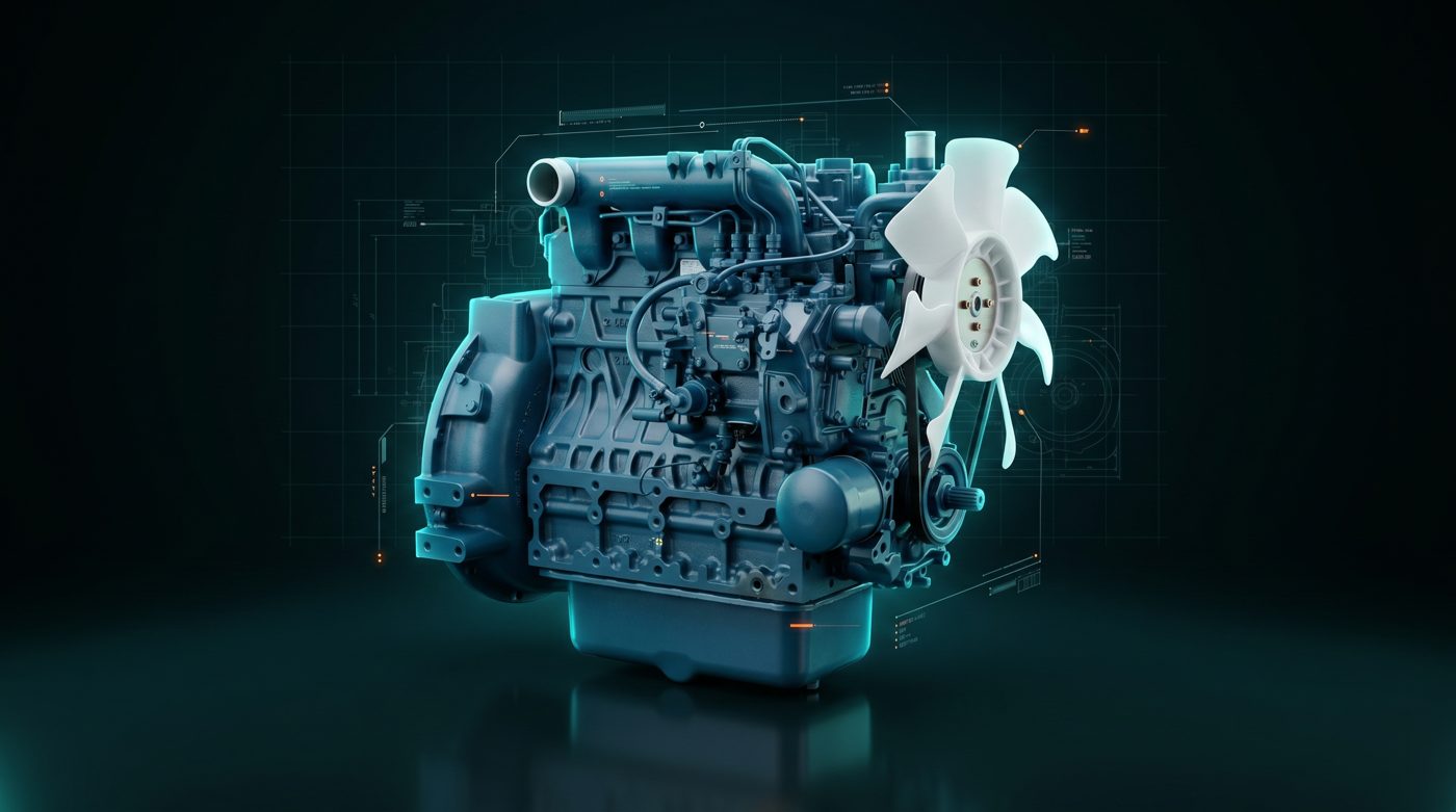 Render técnico futurista del motor Kubota V2403-M-DI