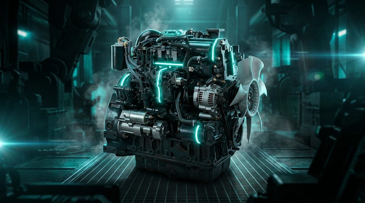 Render técnico futurista del motor turbo Kubota V2607-DI-T