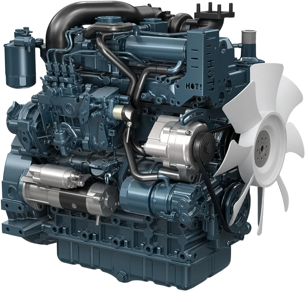 Motor Kubota V3307-DI-T-E3B, turbo, inyección directa, 74.3 HP / 2600 RPM, norma EPA/CARB interim Tier 4 + EU Stage IIIA