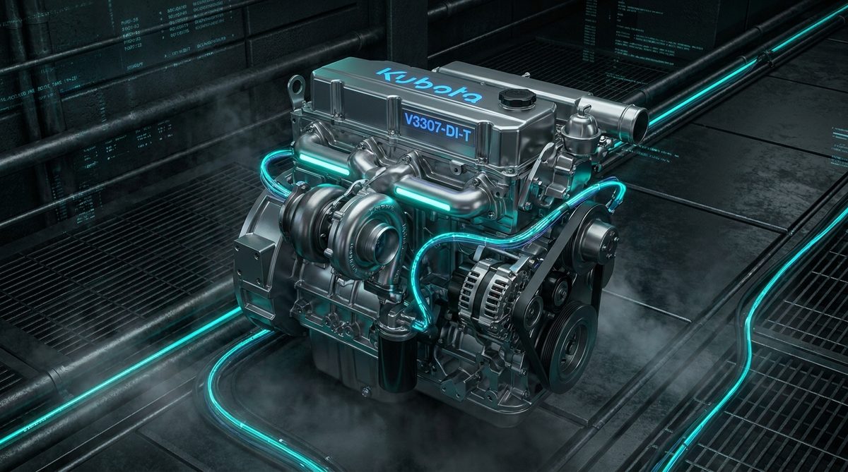Render técnico futurista del motor Kubota V3307-M-DI-T