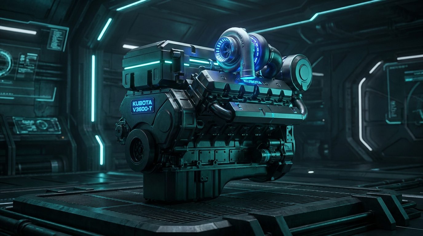 Render técnico futurista del motor Kubota V3600-T-E3B