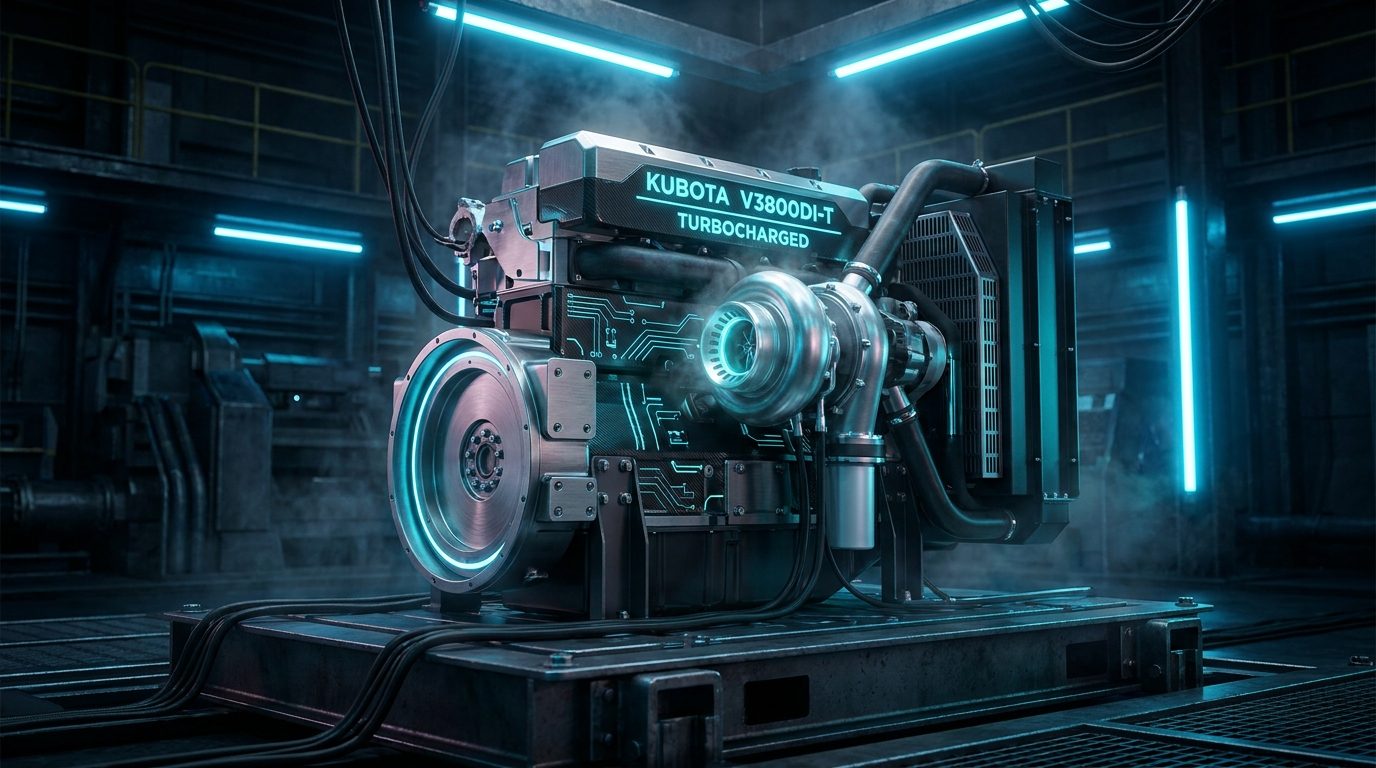 Render técnico futurista del motor Kubota V3800DI-T-E3B